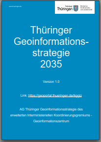 blaues Bild von einem Dokument, in weißer Schrift steht unter anderem Thüringer Geoinformationsstrategie 2035