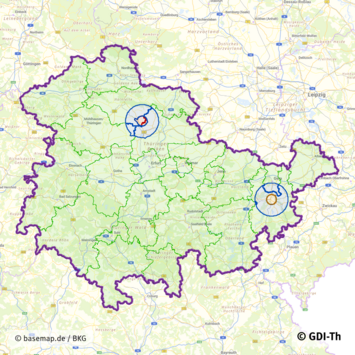 Übersichtskarte von Thüringen, als Beispiel Schematische Restriktionszonen für die Geflügelhaltung